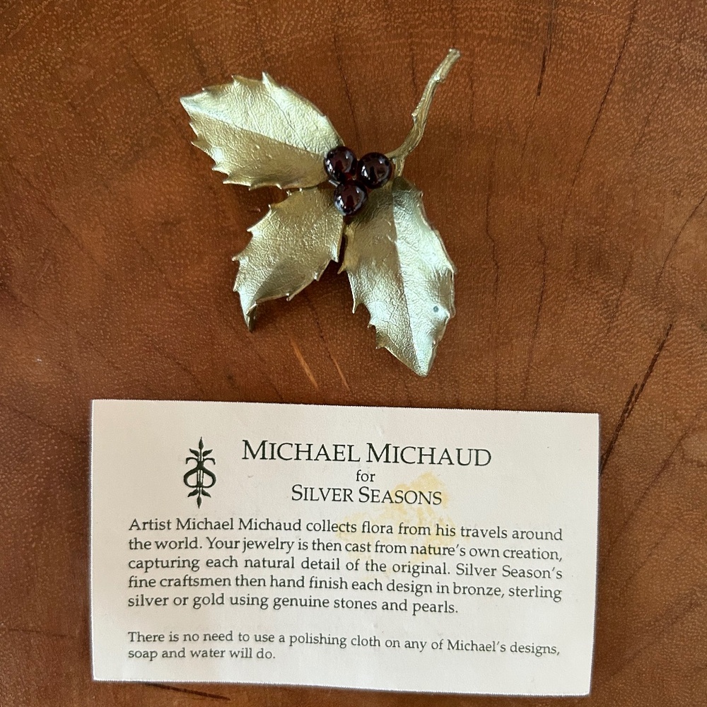 Michael Michaud Bronze and Garnet Holly Berries Pin